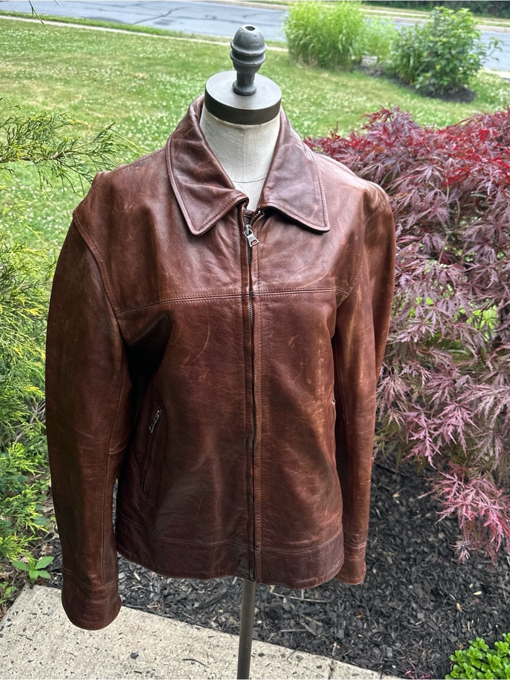 Banana Republic Distressed Chestnut Brown Leather Zip Jacket